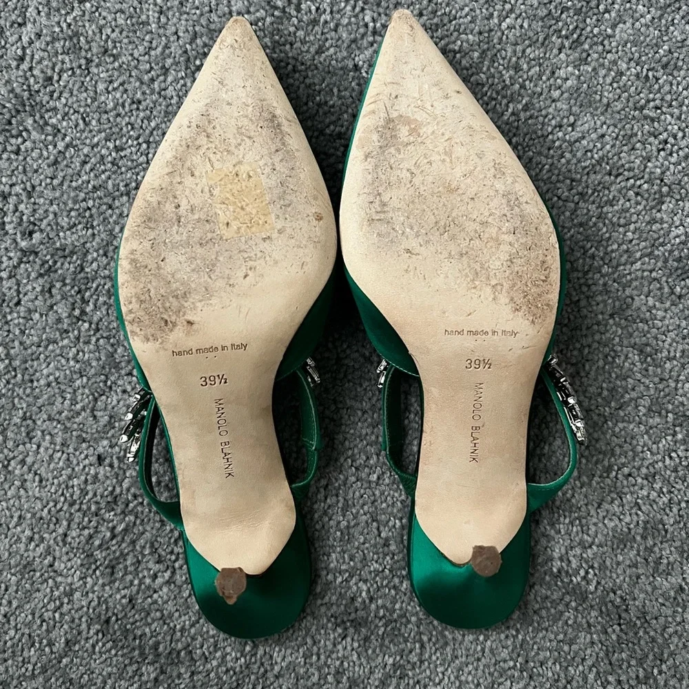 Manolo Blahnik Lurum | Green Satin Crystal Embellished Mules - Picture 4 of 6
